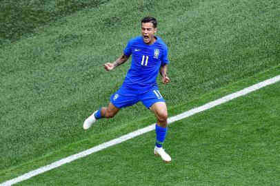  Brazils forward Philippe Coutinho celebrates after scoring the opening goal during the Russia 2018 World Cup Group E football match between Brazil and Costa Rica at the Saint Petersburg Stadium in Saint Petersburg on June 22, 2018. / AFP PHOTO / Giuseppe CACACE / RESTRICTED TO EDITORIAL USE - NO MOBILE PUSH ALERTS/DOWNLOADSEditoria: SPOLocal: Saint PetersburgIndexador: GIUSEPPE CACACESecao: soccerFonte: AFPFotógrafo: STF