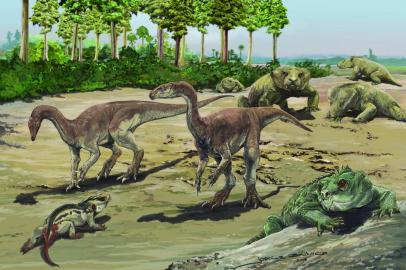  Uma nova espécie de dinossauro encontrada no Rio Grande do Sul foi apresentada nesta sexta-feira (25) em publicação no periódico científico Zoological Journal of the Linnean Society. Encontrado em Agudo, na Região Central, o Bagualosaurus agudoensis (NA IMAGEM, A DUPLA AO CENTRO, COM PESCOÇO COMPRIDO) traz informações importantes sobre as primeiras espécies desses animais que habitaram o planeta durante o período Triássico. 