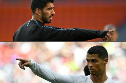 (COMBO) This combination of pictures created on June 28, 2018 shows Uruguays forward Luis Suarez (top) in Ekaterinburg on June 14, 2018, and Portugals forward Cristiano Ronaldo in Moscow on June 20, 2018. The European champions, Portugal, will face Uruguay in Sochi on June 30, for a place in the quarter-finals after finishing as runners-up behind Spain in Group B. JORGE GUERRERO, Francisco LEONG / AFP