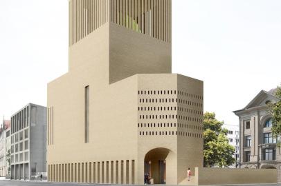 Projeto da House of One, em Berlim: visão a partir da Gertraudenstrasse. Templo vai abrigar sob o mesmo teto uma mesquita, uma sinagoga e uma igreja.