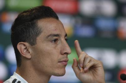 Mexicos national team midfielder Andres Guardado gives a press conferenceat the Novogorsk training center outside Moscow on June 29, 2018 as part of Russia 2018 World Cup football tournament.  YURI CORTEZ / AFP