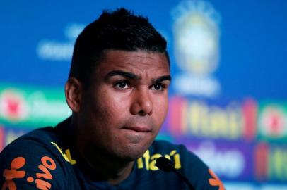 Brazils midfielder Casemiro holds a press conference at the Yug-Sport Stadium in Sochi on June 29, 2018, during the Russia 2018 World Cup football tournament.  / AFP PHOTO / Adrian DENNIS