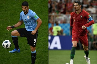  (COMBO) This combination of pictures created on June 28, 2018 shows Uruguays forward Luis Suarez (L) in Samara on June 25, 2018, and Portugals forward Cristiano Ronaldo (R) in Saransk on June 25, 2018.The European champions, Portugal, will face Uruguay in Sochi on June 30, for a place in the quarter-finals after finishing as runners-up behind Spain in Group B. / AFP PHOTO / Manan VATSYAYANA AND Filippo MONTEFORTE / RESTRICTED TO EDITORIAL USE - NO MOBILE PUSH ALERTS/DOWNLOADSRESTRICTED TO EDITORIAL USE - NO MOBILE PUSH ALERTS/DOWNLOADSEditoria: SPOLocal: SaranskIndexador: MANAN VATSYAYANASecao: soccerFonte: AFPFotógrafo: STF