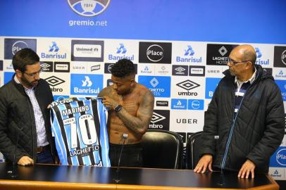  PORTO ALEGRE, RS, BRASIL - 29/06/2018 - Apresentação do atacante Marinho, novo jogador do Grêmio. (Lauro Alves/Agência RBS)