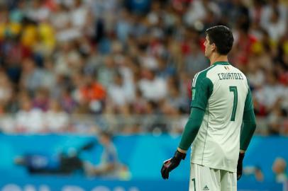  Belgiums goalkeeper Thibaut Courtois during the Russia 2018 World Cup round of 16 football match between Belgium and Japan at the Rostov Arena in Rostov-On-Don on July 2, 2018. / AFP PHOTO / Odd ANDERSEN / RESTRICTED TO EDITORIAL USE - NO MOBILE PUSH ALERTS/DOWNLOADSEditoria: SPOLocal: Rostov-on-DonIndexador: ODD ANDERSENSecao: soccerFonte: AFPFotógrafo: STF