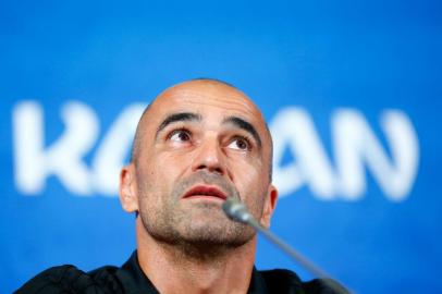 Belgiums coach Roberto Martinez reacts and speaks during a press conference at the Kazan arena, in Kazan, on July 5, 2018 on the eve of the Russia 2018 World Cup quarter final football match between Belgium and Brazil. / AFP PHOTO / Benjamin CREMEL