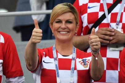 Croatia's President Kolinda Grabar-Kitarovic attends the Russia 2018 World Cup round of 16 football match between Croatia and Denmark at the Nizhny Novgorod Stadium in Nizhny Novgorod on July 1, 2018.  Dimitar DILKOFF / AFP