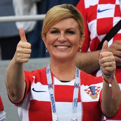 Croatia's President Kolinda Grabar-Kitarovic attends the Russia 2018 World Cup round of 16 football match between Croatia and Denmark at the Nizhny Novgorod Stadium in Nizhny Novgorod on July 1, 2018.  Dimitar DILKOFF / AFP