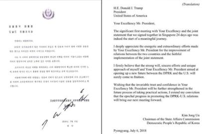 (COMBO): This combination of pictures created July 12, 2018 shows the letter dated July 6, 2018 from North Koreas leader Kim Jong Un to US President Donald Trump (in Korean at left and English translation at right), released July 12, 2018 by Trump via Twitter, in which Kim Jong Un voices confidence in efforts to end their nuclear standoff, while calling on his US counterpart to take practical actions to build trust.  A very nice note from Chairman Kim of North Korea, Trump tweeted alongside a copy of the letter dated July 6 -- the day that US Secretary of State Mike Pompeo landed in Pyongyang for what turned out to be difficult talks with Kims regime. In the letter Kim describes his June 12 summit with Trump in Singapore, and the resulting joint statement agreed by both sides, as the start of a meaningful journey. / AFP PHOTO / THE WHITE HOUSE / HO / The erroneous mention[s] appearing in the metadata of this photo by Douglas CURRAN has been modified in AFP systems in the following manner: [HANDOUT / THE WHITE HOUSE] instead of [Douglas Curran]. Please immediately remove the erroneous mention[s] from all your online services and delete it (them) from your servers. If you have been authorized by AFP to distribute it (them) to third parties, please ensure that the same actions are carried out by them. Failure to promptly comply with these instructions will entail liability on your part for any continued or post notification usage. Therefore we thank you very much for all your attention and prompt action. We are sorry for the inconvenience this notification may cause and remain at your disposal for any further information you may require.