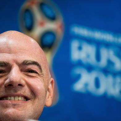 FIFA president Gianni Infantino smiles during a press conference at the Luzhniki Stadium in Moscow on July 13, 2018, two days before the Russia 2018 World Cup final football match between France and Croatia.  Jewel SAMAD / AFP