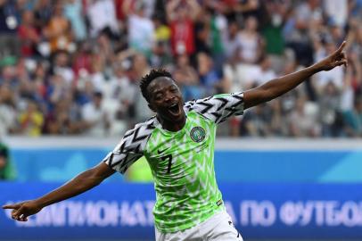 Nigerias forward Ahmed Musa celebrates after scoring their second goal during the Russia 2018 World Cup Group D football match between Nigeria and Iceland at the Volgograd Arena in Volgograd on June 22, 2018. / AFP PHOTO / Mark RALSTON / RESTRICTED TO EDITORIAL USE - NO MOBILE PUSH ALERTS/DOWNLOADS