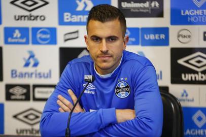  PORTO ALEGRE, RS, BRASIL, 13-07-2018. Grêmio treina no CT Luiz Carvalho. Na foto: coletiva com Marcelo Grohe (ROBINSON ESTRÁSULAS/AGÊNCIA RBS)