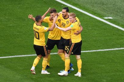 Belgiums players celebrate their opening goal during their Russia 2018 World Cup play-off for third place football match between Belgium and England at the Saint Petersburg Stadium in Saint Petersburg on July 14, 2018. / AFP PHOTO / OLGA MALTSEVA / RESTRICTED TO EDITORIAL USE - NO MOBILE PUSH ALERTS/DOWNLOADS