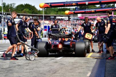 Red Bulls Dutch driver Max Verstappen returns to the pit lane during the first free practice session ahead of the German Formula One Grand Prix at the Hockenheimring Baden-Wuerttemberg in Hockenheim, on July 20, 2018. / AFP PHOTO / ANDREJ ISAKOVIC