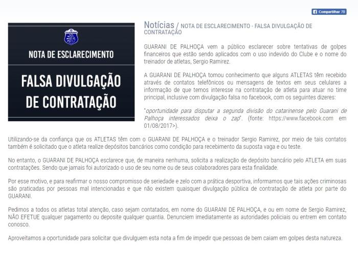 Reprodução / Site Guarani de Palhoça 