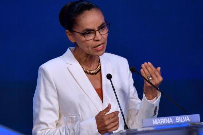  Brazilian presidential candidate Marina Silva (Rede) speaks during the first presidential debate ahead of the October 7 general election, at Bandeirantes television network in Sao Paulo, Brazil, on August 9, 2018.  / AFP PHOTO / Nelson ALMEIDAEditoria: POLLocal: Sao PauloIndexador: NELSON ALMEIDASecao: political candidatesFonte: AFPFotógrafo: STF