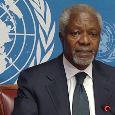  This picture from United Nations TV service show UN-Arab League envoy for Syria Kofi Annan during a press conference on August 2, 2012 at the United Nations office in Geneva. Annan resigned as UN-Arab League envoy for Syria complaining the international community had not done enough to support his bid to persuade Bashar al-Assad to accept a peace plan.    AFP PHOTO /UNTVEditoria: WARLocal: GenevaIndexador: HANDOUTSecao: Civil unrestFonte: UNTVFotógrafo: STR