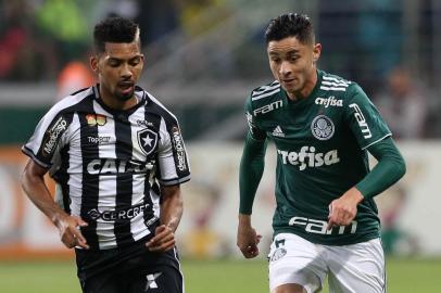 O jogador Diogo Barbosa, da SE Palmeiras, disputa bola com o jogadorMatheus Fernandes, do Botafogo FR, durante partida valida pela 20ª rodada, do Campeonato Brasileiro, Série A, na Arena Allianz Parque.