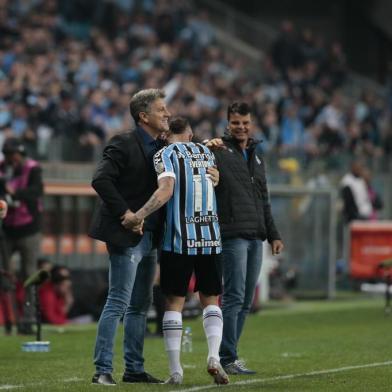  PORTO ALEGRE, RS, BRASIL, 28-08-2018. Grêmio enfrenta em jogo de volta o Estudiantes pela Libertadores da América na Arena. Na foto: Gol de Everton (ANDRÉ ÁVILA/AGÊNCIA RBS)