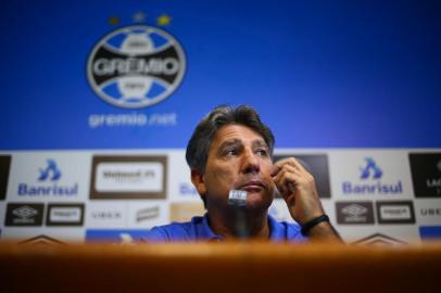  PORTO ALEGRE, RS, BRASIL - 16/03/2018 - Treino do Grêmio antes do Gre-Nal 414, válido pelas quartas de final do Gauchão 2018. Na foto: coletiva do Renato Gaúcho(Lauro Alves/Agência RBS)