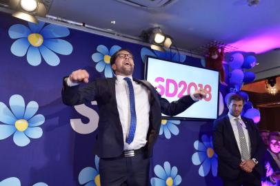 Jimmie Akesson of the Sweden Democrats speaks at the election party at the Kristallen restaurant in central Stockholm on September 9, 2018. Swedens Social Democrats are tipped to be the countrys biggest party after Sundays election on September 9, 2018, with the far-right Sweden Democrats trailing in third place, a TV4 exit poll predicted shortly before polling stations closed. / AFP PHOTO / TT NEWS AGENCY / Anders WIKLUND / Sweden OUT