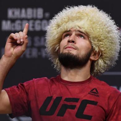 LAS VEGAS, NEVADA - OCTOBER 05: UFC lightweight champion Khabib Nurmagomedov poses during a ceremonial weigh-in for UFC 229 at T-Mobile Arena on October 05, 2018 in Las Vegas, Nevada. Nurmagomedov will defend his title against Conor McGregor at UFC 229 on October 6 at T-Mobile Arena in Las Vegas.   Ethan Miller/Getty Images/AFP