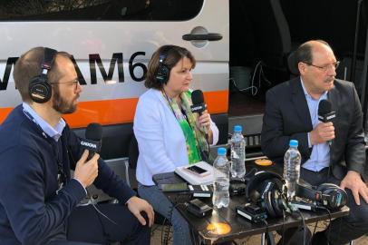  José Ivo Sartori com Rosane de Oliveira e Daniel Scola no Estúdio Móvel da Gaúcha na PUCRS.