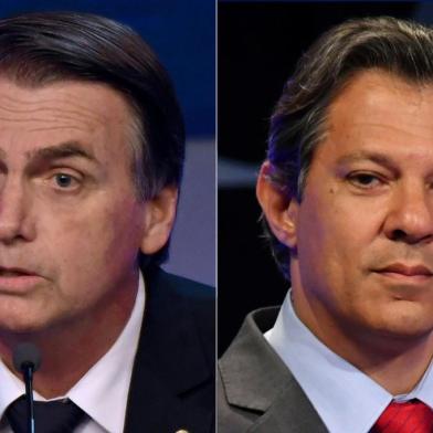  COMBO-FILES-BRAZIL-ELECTION-HADDAD-BOLSONAROData: 07/10/2018Palavras-chave: vote , election , Horizontal , COMBO PHOTO , bolsonaro , haddadDescrição: (COMBO) This combination of pictures created on October 07, 2018 shows a file photo taken on September 26, 2018 of Brazilian presidential candidate for the Workers Party (PT) Fernando Haddad (L) during the presidential debate at SBT television network in Osasco, Sao Paulo, and a file photo taken on August 09, 2018 of Brazilian presidential candidate Jair Bolsonaro (PSL), during the first presidential debate at Bandeirantes television network in Sao Paulo. Brazilians began casting ballots Sunday in their most divisive presidential election in years, with a far-right politician promising an iron-fisted crackdown on crime, Jair Bolsonaro, the firm favorite in the first round./ AFP PHOTO / NELSON ALMEIDA AND Nelson ALMEIDA Editoria: POL Local: Sao Paulo Indexador: NELSON ALMEIDA Secao: election Fonte: AFP Fotógrafo: STFFotógrafo: NELSON ALMEIDA AND Nelson ALMEIDAIndexador: Emerson_SouzaFonte: AFPPublicação Proibida: NãoNica Id: 13773724Empresa Proposta: Diário Catarinense OnlineTamanho: 3139164