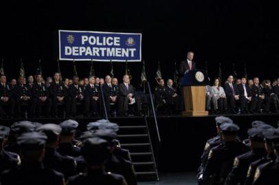 NEW YORK, NY - OCTOBER 15: New York City Mayor Bill de Blasio speaks to the newest members of the New York City Police Department (NYPD) at their police academy graduation ceremony at the Theater at Madison Square Garden, October 15, 2018 in New York City. 249 new officers were in Mondays graduating class.   Drew Angerer/Getty Images/AFP