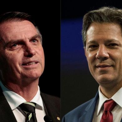  (COMBO) This combination of file pictures created on October 08, 2018 shows Brazilian presidential candidates Jair Bolsonaro (L) (PSL) in Sao Paulo, Brazil, on June 18, 2018 and Fernando Haddad (PT) in Rio de Janeiro, Brazil on October 04, 2018. A deeply polarized Brazil stood at a political crossroads on october 8, 2018 as the bruising first round of the presidential election left voters with a stark choice in the run-off between far-right firebrand Jair Bolsonaro and leftist Fernando Haddad. Bolsonaro won 46 percent of the vote to Haddads 29 percent, according to official results. / AFP PHOTO / Miguel SCHINCARIOL AND Daniel RAMALHOEditoria: POLLocal: Rio de JaneiroIndexador: MIGUEL SCHINCARIOLSecao: political candidatesFonte: AFPFotógrafo: STR