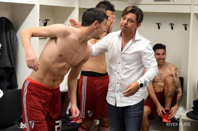 Marcelo Gallardo, técnico do River Plate, no vestiário da Arena após a vitória sobre o Grêmio