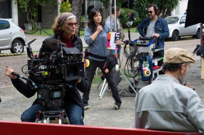 Set de filmagem de Aos Olhos de Ernesto, de Ana Luiza Azevedo, produzido pela Casa de Cinema de Porto Alegre. Na foto Jorge Bolani e a diretora Ana Luiza Azevedo.