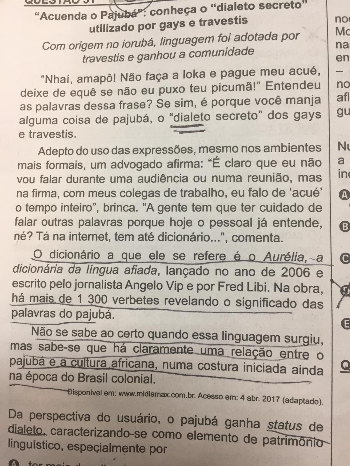 Veja resolução de questão do Enem que aborda status do pajubá como 'dialeto  secreto' dos gays e travestis, Enem 2018