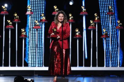 LAS VEGAS, NV - NOVEMBER 15: Maria Rita accepts the award for Best Samba/Pagode Album onstage at the Premiere Ceremony during the 19th Annual Latin GRAMMY Awards at MGM Grand Hotel & Casino on November 15, 2018 in Las Vegas, Nevada.   Rich Polk/Getty Images for LARAS/AFP