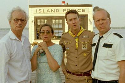 (l to r.) Bill Murray as Mr. Bishop, Frances McDormand as Mrs. Bishop, Edward Norton as Scout Master Ward, and Bruce Willis as Captain Sharp in Wes Andersons MOONRISE KINGDOM, a Focus Features release.