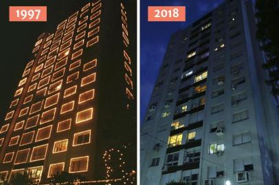 Antes e depois do mesmo prédio com e sem enfeites de natal