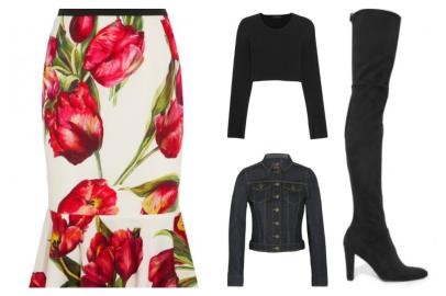 (Fotos: Netaporter/Reprodução) Cropped Calvin Klein Collection, saia Dolce & Gabbana, jaqu