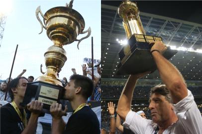 Geromel e Kannemann com a taça de campeão  do Gauchão 2018 e Renato com o troféu de Campeão da Recopa Sul-Americana 2018