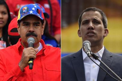 (COMBO) This combination of pictures created on February 02, 2019 shows Venezuelan President Nicolas Maduro (L) delivering a speech during a gathering with supporters to mark the 20th anniversary of the rise of power of the late Hugo Chavez, the leftist firebrand who installed a socialist government, in Caracas on February 2, 2019 and Opposition leader Juan Guaido delivering a speech during a gathering with thousands of supporters in Caracas on February 2, 2019. - Protesters flowed into the streets of Caracas Saturday, with flags and placards, many to support opposition leader Juan Guaido's calls for democratic elections and others to back embattled President Nicolas Maduro. (Photo by Yuri CORTEZ and Juan BARRETO / AFP)