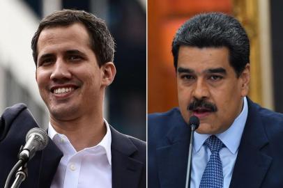 (COMBO) This combination of pictures created on January 24, 2019 shows (L) Venezuelas National Assembly head Juan Guaido waving to the crowd during a mass opposition rally against leader Nicolas Maduro in which he declared himself the countrys acting president, on the anniversary of a 1958 uprising that overthrew military dictatorship, in Caracas on January 23, 2019 and Venezuelas President Nicolas Maduro speaking during a press conference, where he warned the Lima Group that he would take energetic measures if they do not rectify their position on Venezuela in 48 hours, on the eve of assuming a new six-year mandate, at the Miraflores presidential palace in Caracas, Venezuela on January 9, 2018. - On January 23, 2018 Guaido, 35, proclamed himself acting president and was swiftly recognized by the United States and about a dozen regional governments, including those of Brazil, Argentina and Colombia. An enraged Maduro responded by breaking off diplomatic ties with the imperialist US government, ordering its diplomats to leave within 72 hours. (Photo by Yuri CORTEZ and Federico PARRA / AFP)