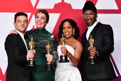 (L-R) Rami Malek, winner of Best Actor for Bohemian Rhapsody; Olivia Colman, winner of Best Actress for The Favourite; Regina King, winner of Best Supporting Actress for If Beale Street Could Talk; and Mahershala Ali, winner of Best Supporting Actor for Green Book pose in the press room during the 91st Annual Academy Awards at the Dolby Theater in Hollywood, California on February 24, 2019. (Photo by FREDERIC J. BROWN / AFP)