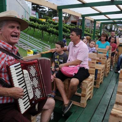  CAXIAS DO SUL, RS, BRASIL, 05/03/2019 - Caetano de Cesaro, 72 anos, é o gaiteiro que anima o Carretón, passeio de carreta oferecido por uma empresa na 32ª Festa da Uva. Ele é personagem da série Tá Na Festa. (Marcelo Casagrande/Agência RBS)