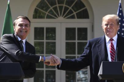 US President Donald Trump shakes hands with Brazils President Jair Bolsonaro during a joint press conference in the Rose Garden at the White House on March 19, 2019 in Washington, DC. (Photo by Jim WATSON / AFP)