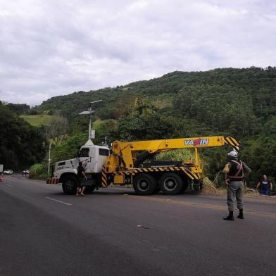  CAXIAS DO SUL, RS, BRASIL, 04/04/2019 - Uma carreta transportando entre 30 e 40 cabeças de gado tombou no km 47 da ERS-122, entre Farroupilha e São Vendelino, no final da manha desta quinta-feira (4). O veículo descia em direção a Porto Alegre quando o acidente aconteceu, por volta das 11h30min. Esse é o trecho conhecido como Curva da Morte e possui um pardal. (Marcelo Casagrande/Agência RBS)