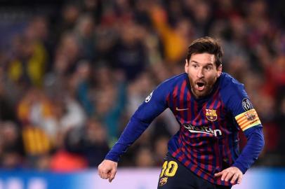  Barcelonas Argentinian forward Lionel Messi celebrates after scoring during the UEFA Champions League quarter-final second leg football match between Barcelona and Manchester United at the Camp Nou stadium in Barcelona on April 16, 2019. (Photo by Josep LAGO / AFP)Editoria: SPOLocal: BarcelonaIndexador: JOSEP LAGOSecao: soccerFonte: AFPFotógrafo: STR