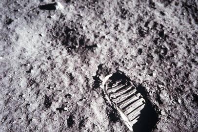 A close-up view of astronaut Buzz Aldrins bootprint in the lunar soil, photographed with the 70mm lunar surface camera during Apollo 11s sojourn on the moon.