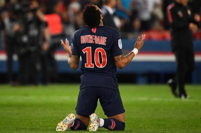 Paris Saint-Germains Brazilian forward Neymar reacts after winning the French L1 football match between Paris Saint-Germain (PSG) and Monaco (ASM) on April 21, 2019 at the Parc des Princes stadium in Paris. (Photo by FRANCK FIFE / AFP)