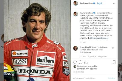 Atual campeão da Fórmula-1, Lewis Hamilton presta homenagem a Ayrton Senna nos 25 anos de sua morte