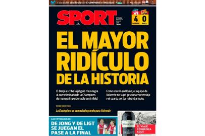 Jornal Sport critica goleada sofrida pelo Barcelona contra o Liverpool que causou a eliminação na Liga dos Campeões