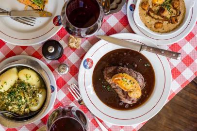 UNDATED â BC-TRAVEL-TIMES-FRUGAL-TRAVELER-ART-NYTSF â Steak topped with foie gras, and tête de veau at Aux Bons Crus.(CREDIT: Joann Pai/The new York Times)--ONLY FOR USE WITH ARTICLE SLUGGED -- BC-TRAVEL-TIMES-FRUGAL-TRAVELER-ART-NYTSF -- OTHER USE PROHIBITED.